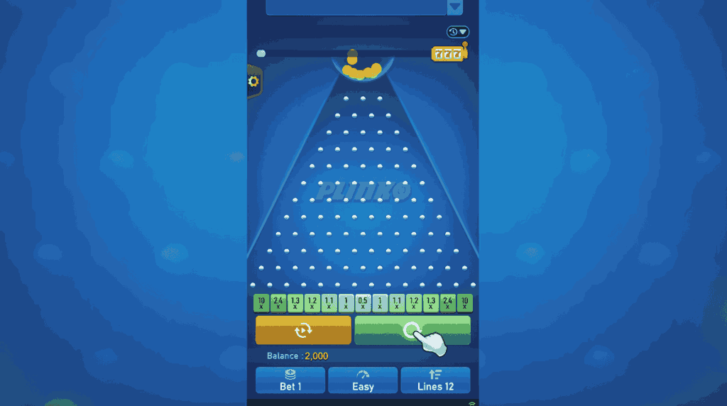 Screenshot des Plinko-Spiels mit blauem Spielfeld, Multiplikatoren und Steuerelementen für Einsatz, Schwierigkeitsgrad und Linien