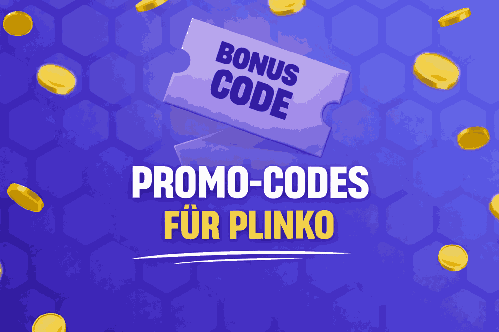 Grafik mit Text Promo Codes für Plinko und Bonus Code auf einem Ticket mit fallenden Münzen vor blauem Hintergrund