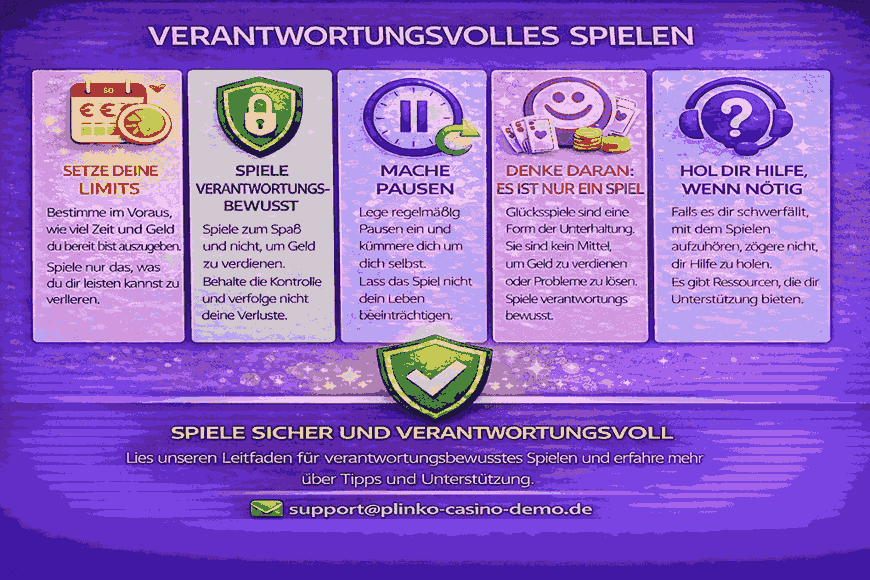 Informationsbild zum verantwortungsvollen Spielen mit Hinweisen zu Limits, Pausen, Spielkontrolle und Hilfsangeboten auf plinko-casino-demo.de